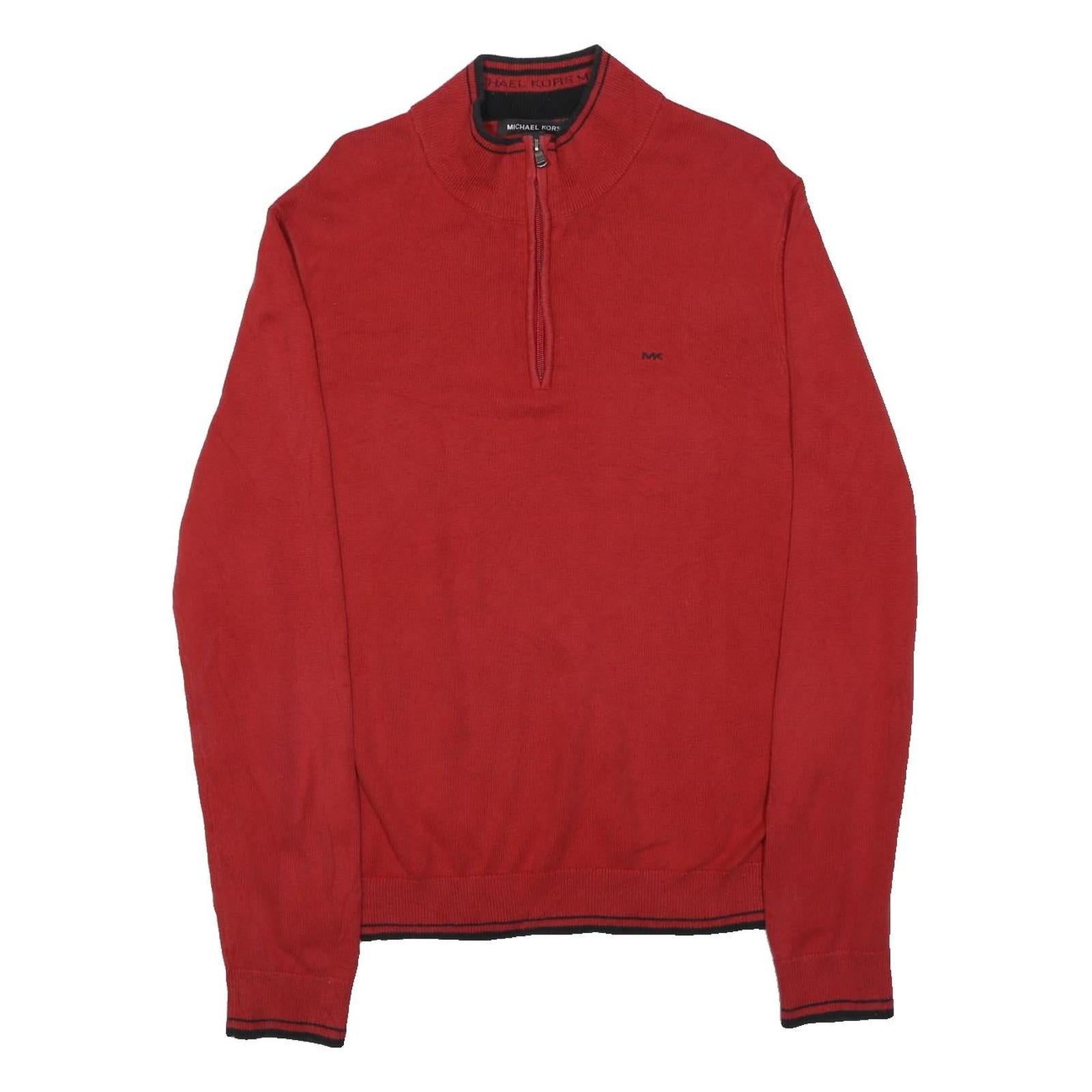 MICHAEL KORS Mens Red Cotton Blend Plain Jumper 1/4 Zip L Casual Knitwear