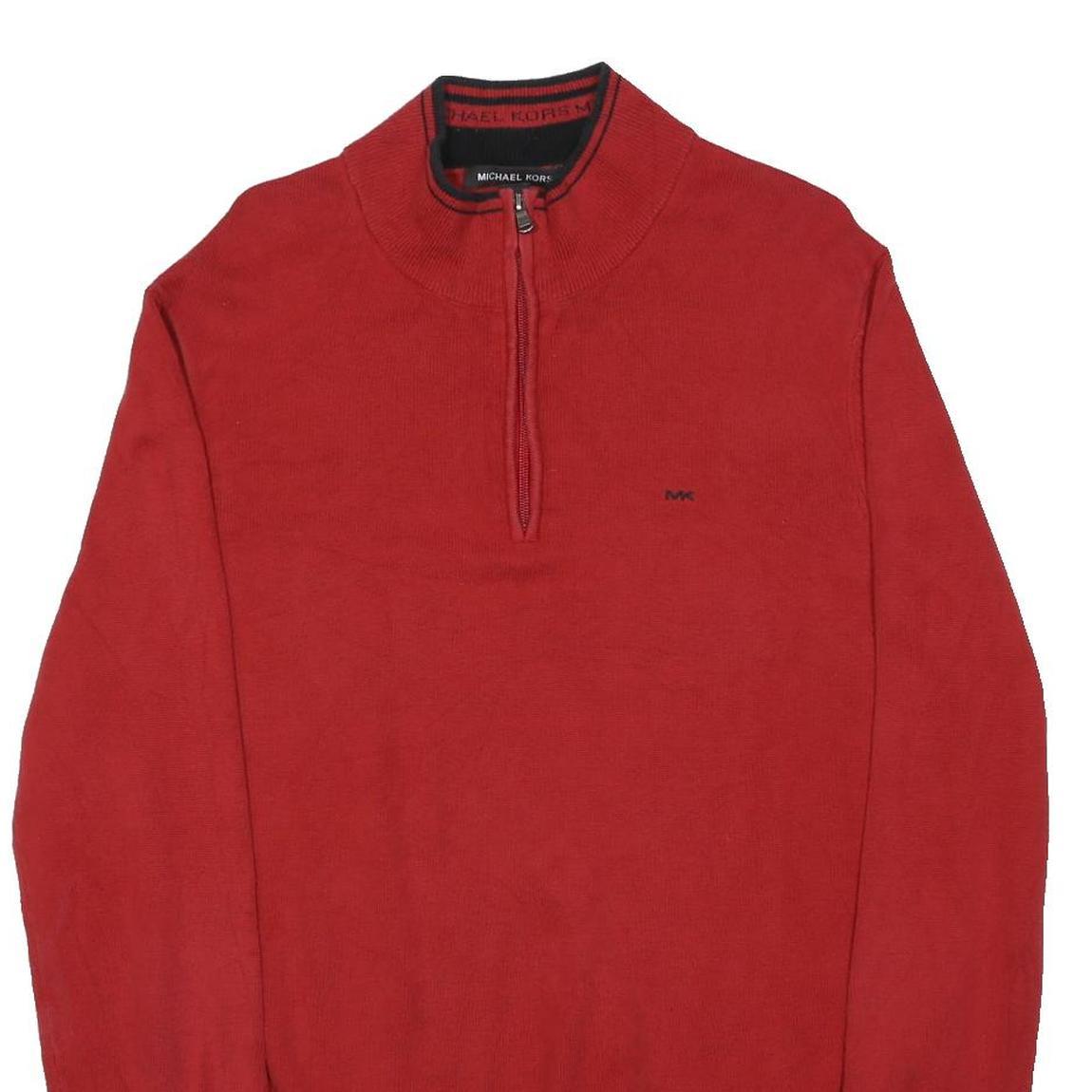 MICHAEL KORS Mens Red Cotton Blend Plain Jumper 1/4 Zip L Casual Knitwear