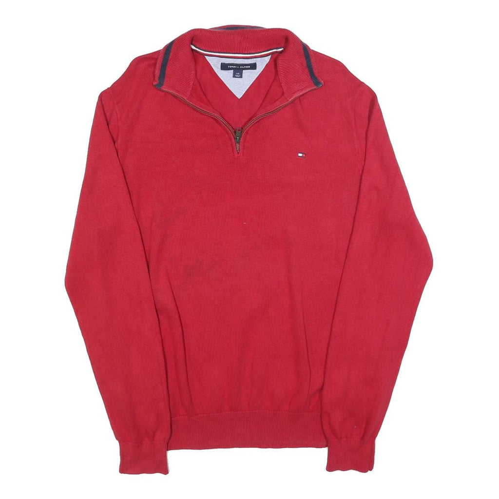 TOMMY HILFIGER Mens Red Pullover Plain V-Neck Basic Knit L Cotton Blend Jumper