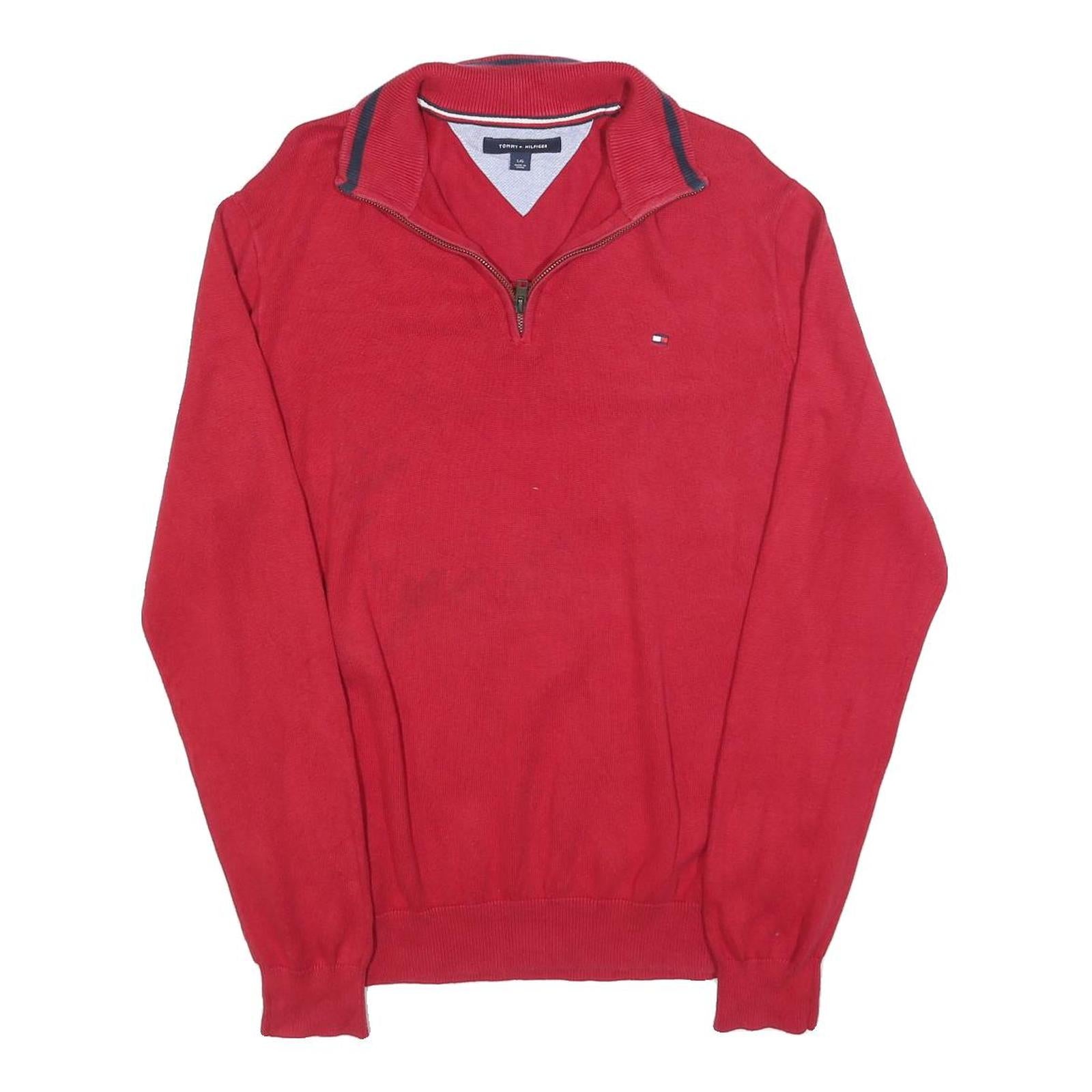 TOMMY HILFIGER Mens Red Pullover Plain V-Neck Basic Knit L Cotton Blend Jumper