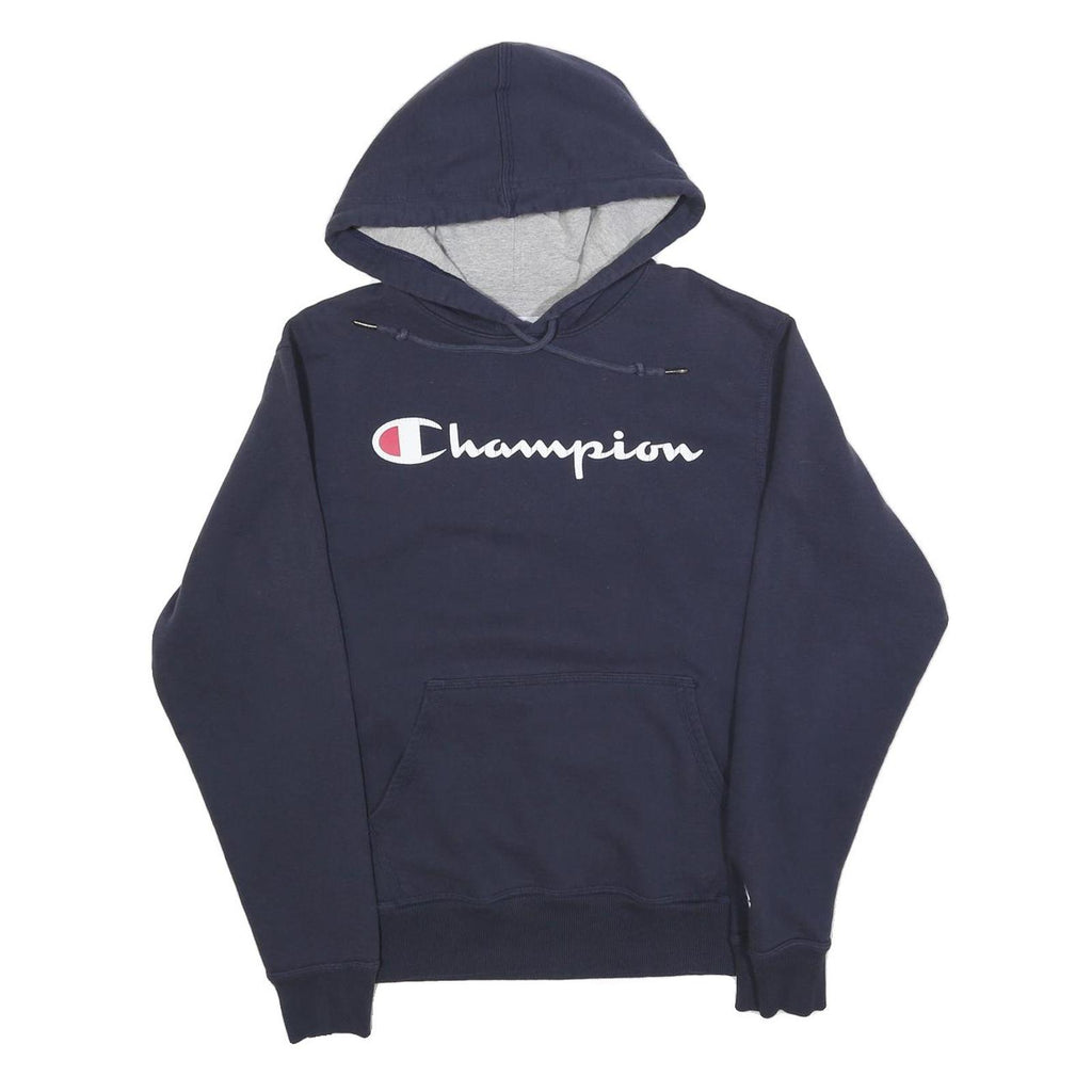 CHAMPION Mens Navy Blue Pullover Hoodie S Cotton Blend Logo Sweatshirt