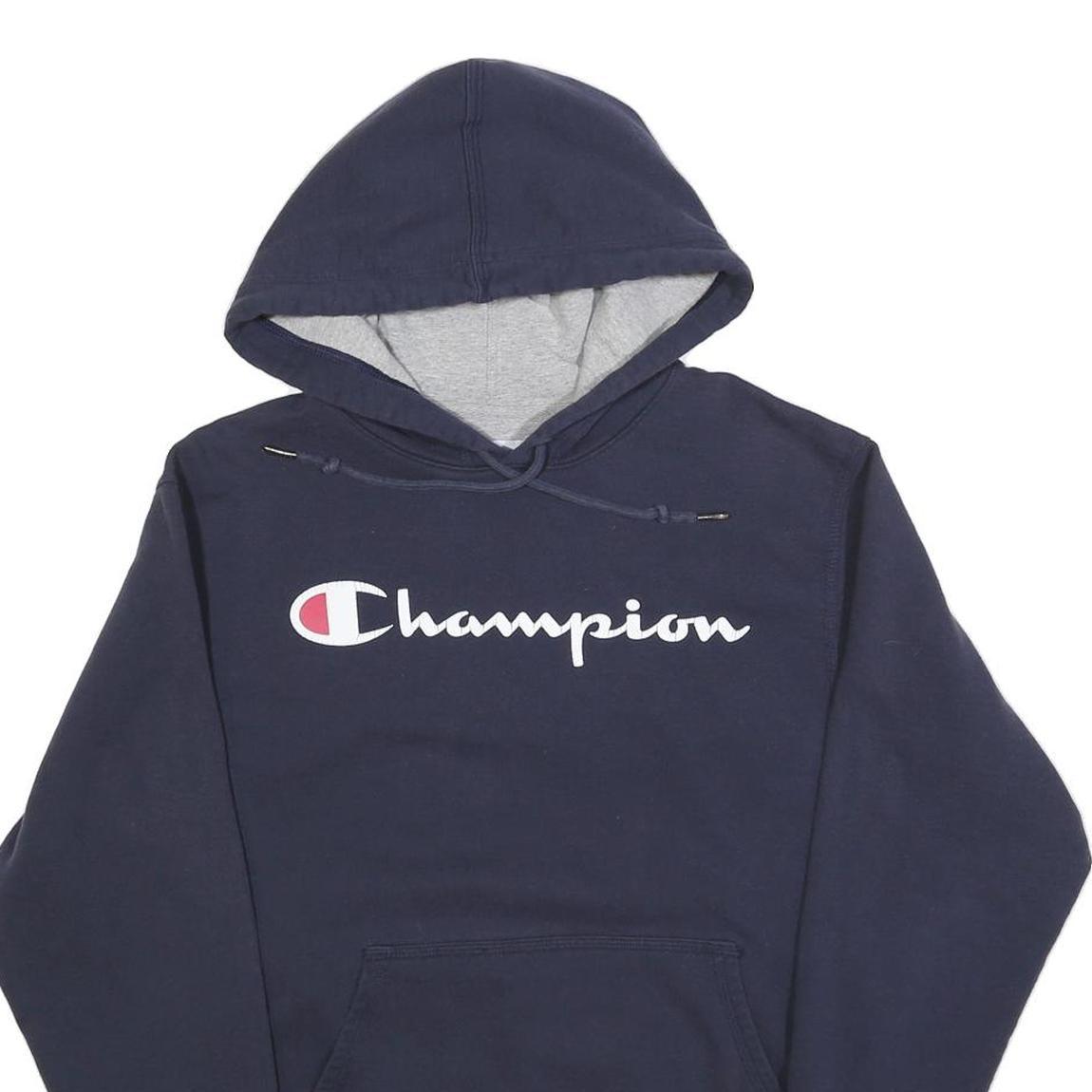 CHAMPION Mens Navy Blue Pullover Hoodie S Cotton Blend Logo Sweatshirt