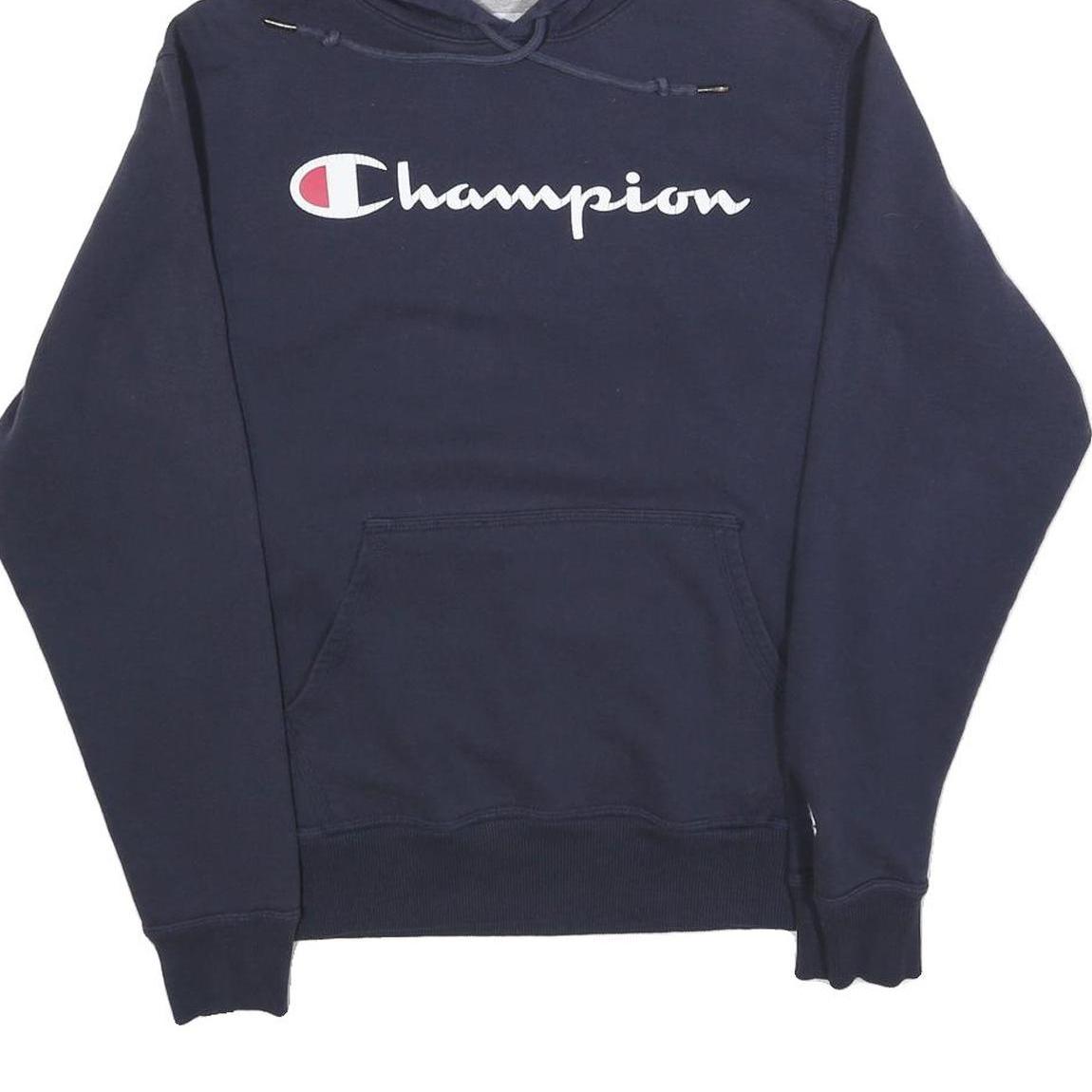 CHAMPION Mens Navy Blue Pullover Hoodie S Cotton Blend Logo Sweatshirt