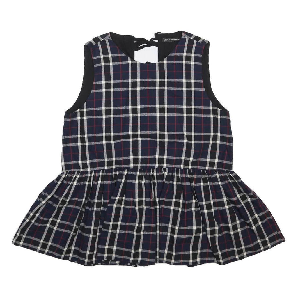 ZARA Womens Blue Check Sleeveless Day Cotton Dress XL Tie Back
