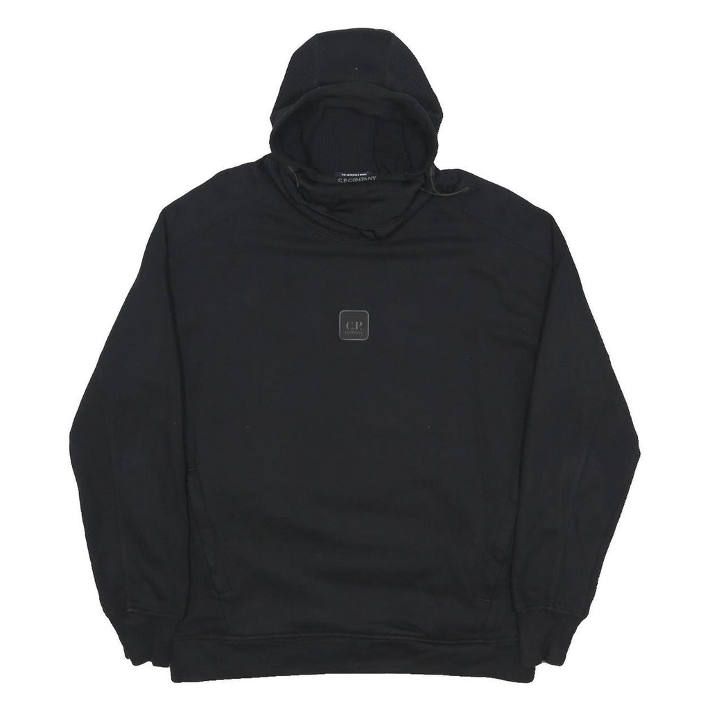 C.P. COMPANY Mens Black Hoodie M Rubber Logo Patch Pullover Drawstring Hood