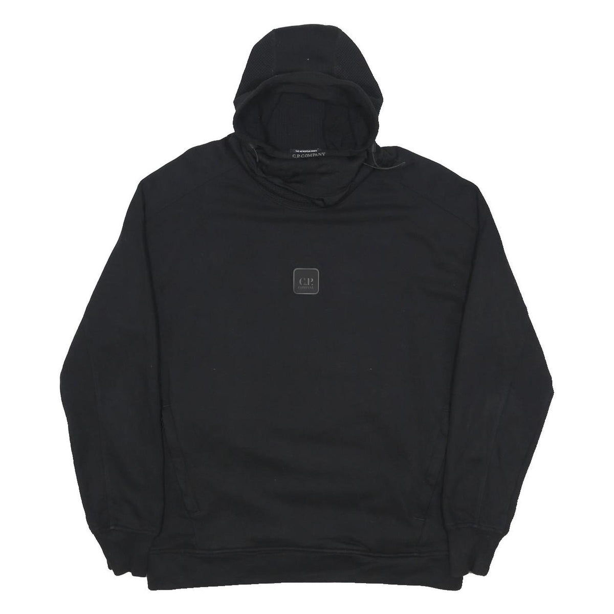 C.P. COMPANY Mens Black Hoodie M Rubber Logo Patch Pullover Drawstring Hood