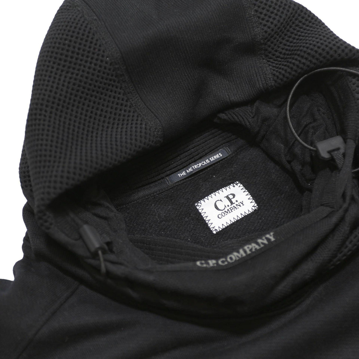 C.P. COMPANY Mens Black Hoodie M Rubber Logo Patch Pullover Drawstring Hood