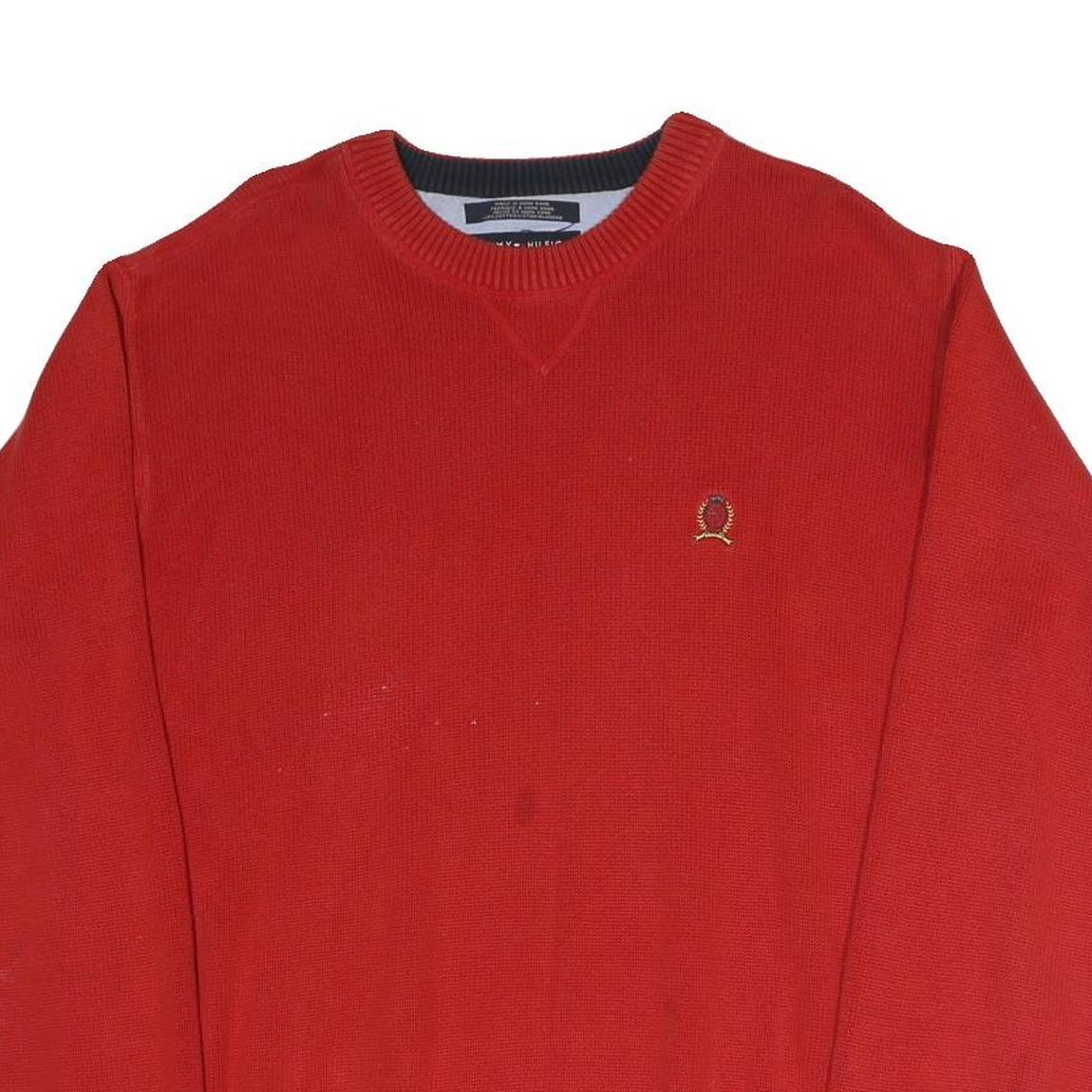 TOMMY HILFIGER Mens Red Plain Cotton Blend Jumper Crew Neck Basic Knit L