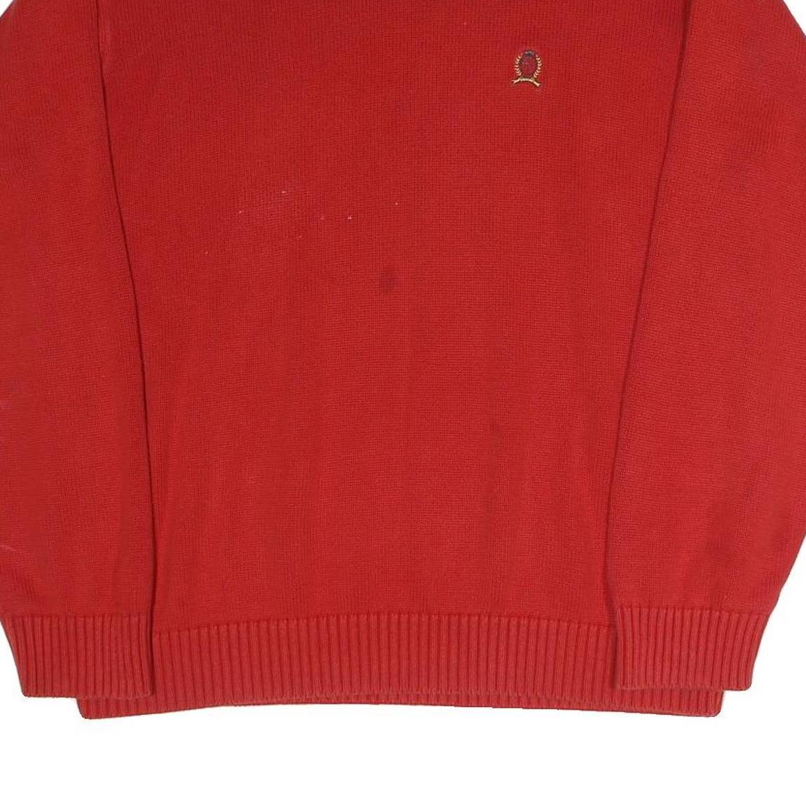 TOMMY HILFIGER Mens Red Plain Cotton Blend Jumper Crew Neck Basic Knit L