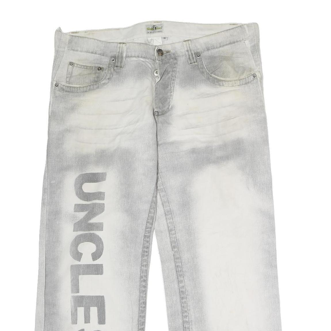 UNCLE SAM Mens Jeans White Grey Regular Straight Cotton Button W38 L27 Logo