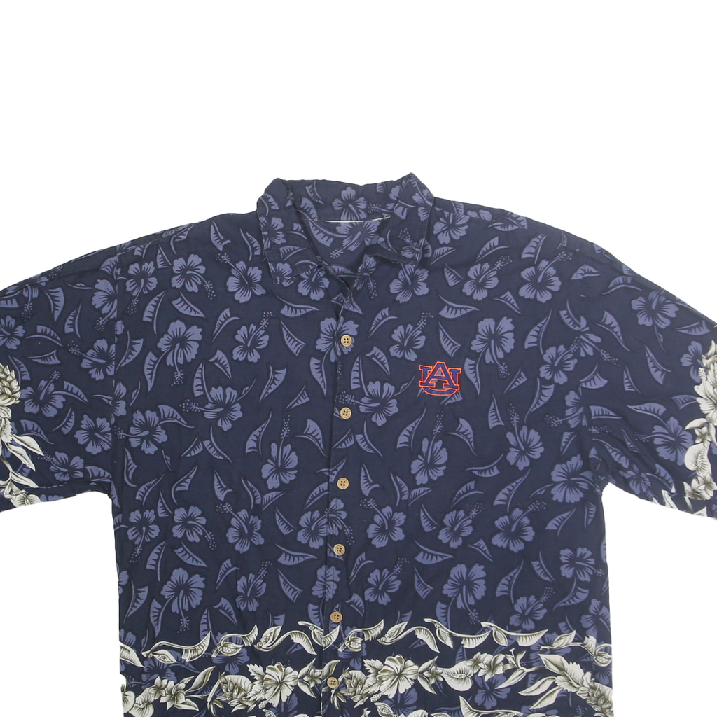 Mens Navy Blue Cotton Hawaiian Shirt L Floral Print Button Front Casual