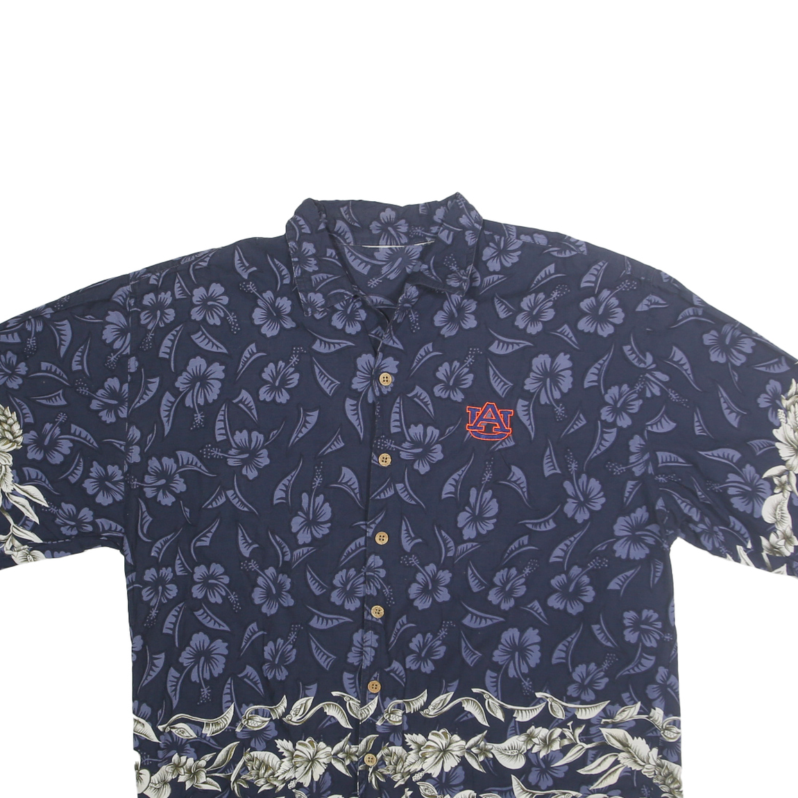 Mens Navy Blue Cotton Hawaiian Shirt L Floral Print Button Front Casual