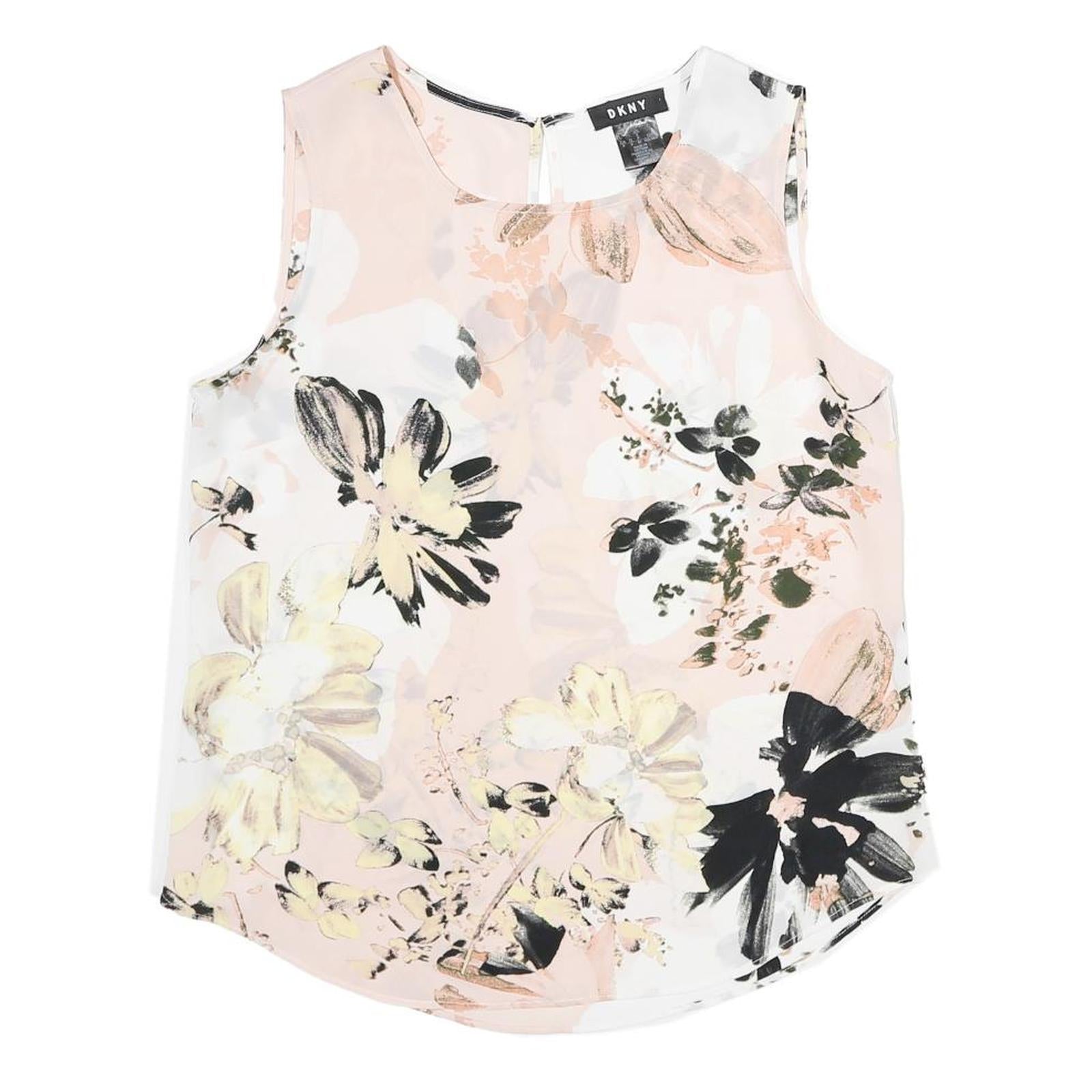 DKNY Womens Pink & Black Floral Sleeveless Round Neck Top S Lightweight