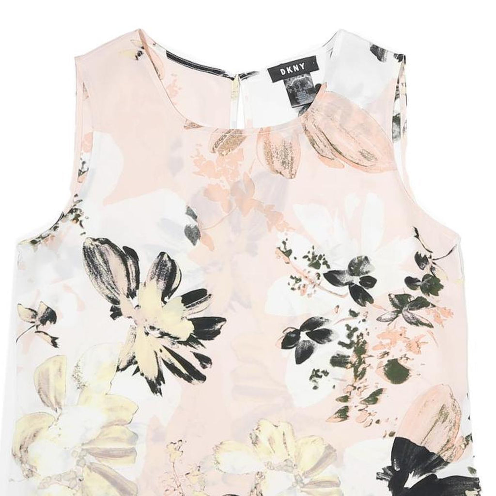 DKNY Womens Pink & Black Floral Sleeveless Round Neck Top S Lightweight