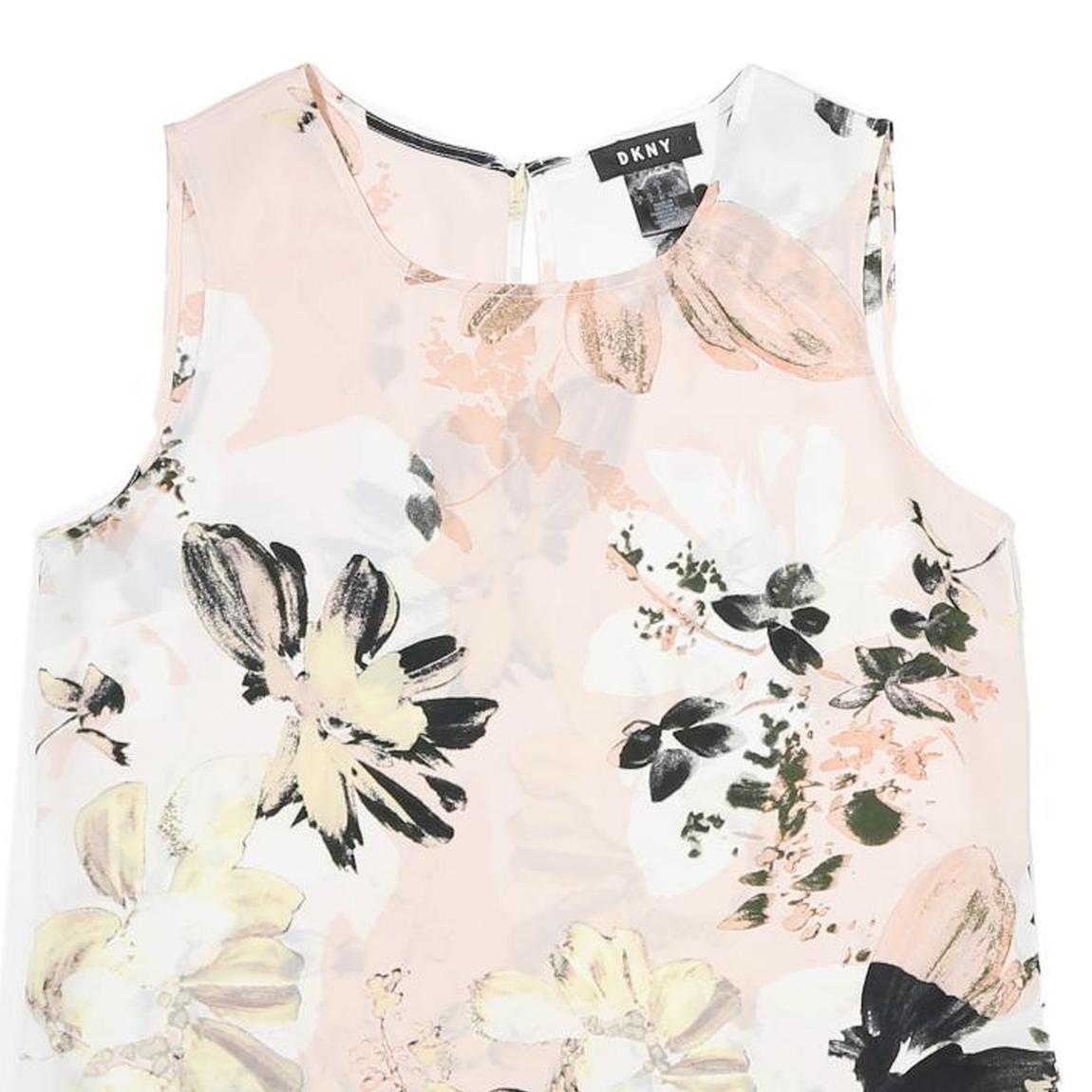 DKNY Womens Pink & Black Floral Sleeveless Round Neck Top S Lightweight