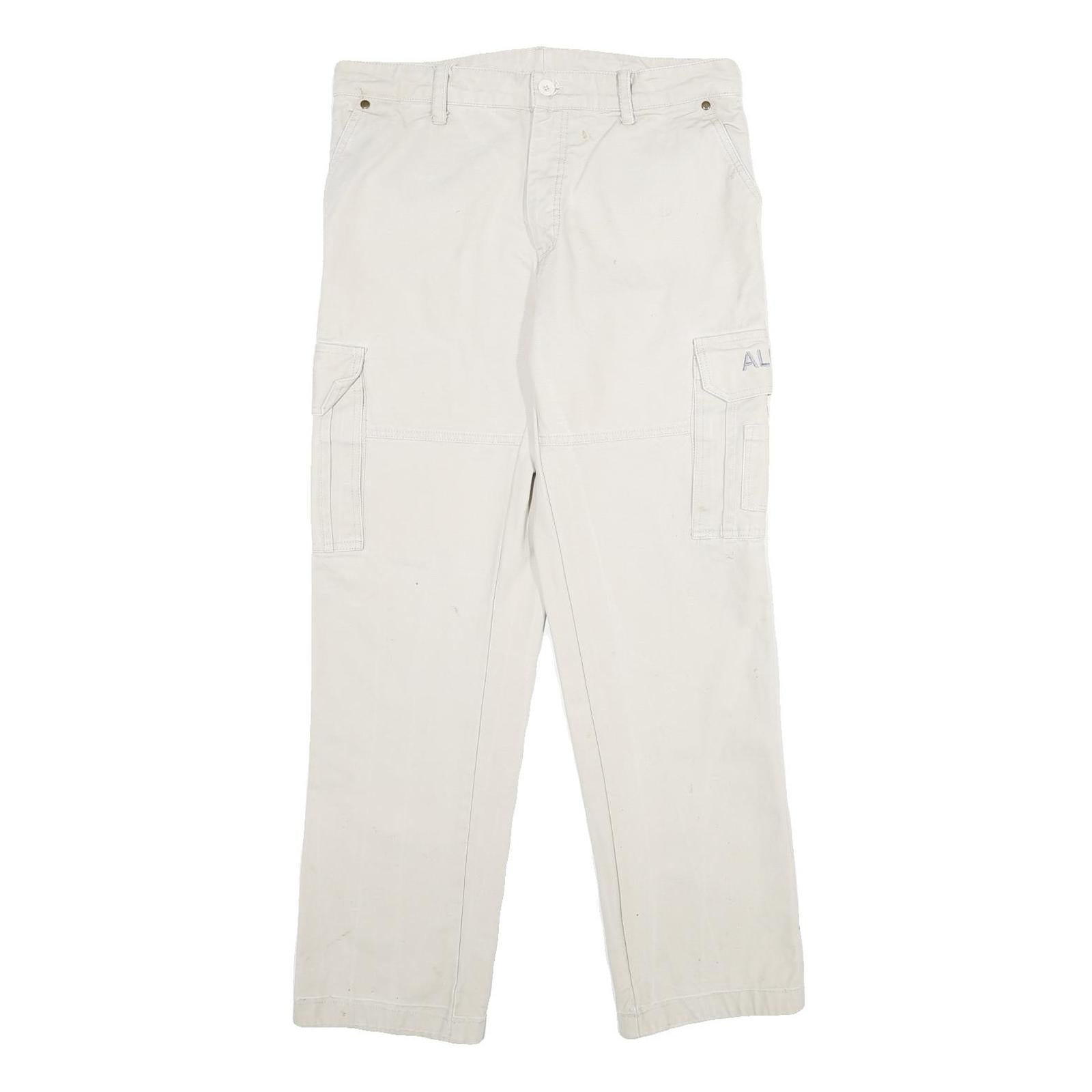 ALUART Mens Cotton White Regular Cargo Trousers W32 L32 Casual Functional Zip