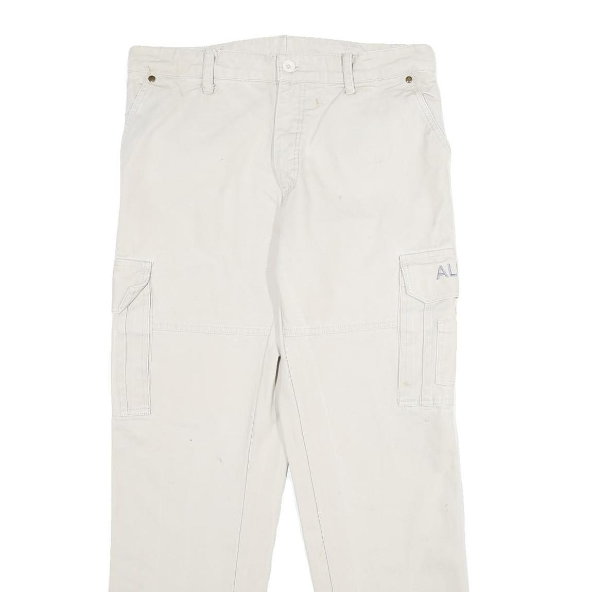 ALUART Mens Cotton White Regular Cargo Trousers W32 L32 Casual Functional Zip