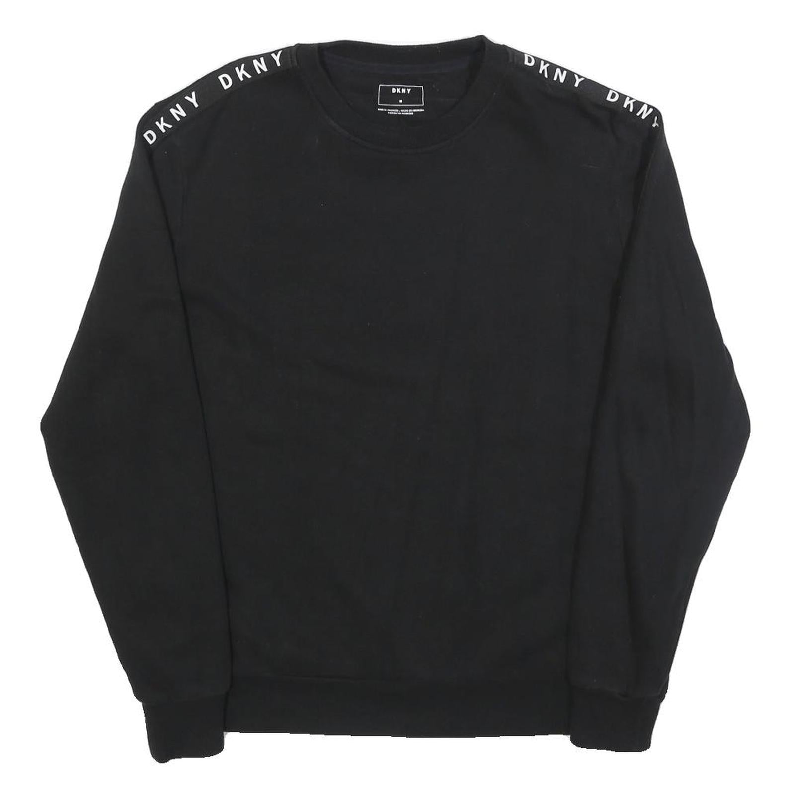 DKNY Womens Black Sweatshirt Crew Neck M Logo Tape Shoulder Stripe Casual