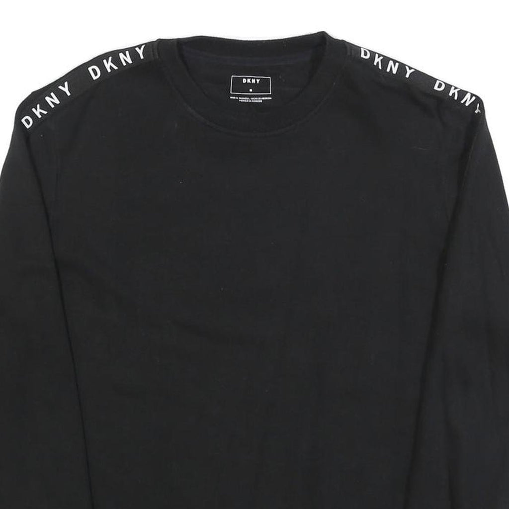 DKNY Womens Black Sweatshirt Crew Neck M Logo Tape Shoulder Stripe Casual
