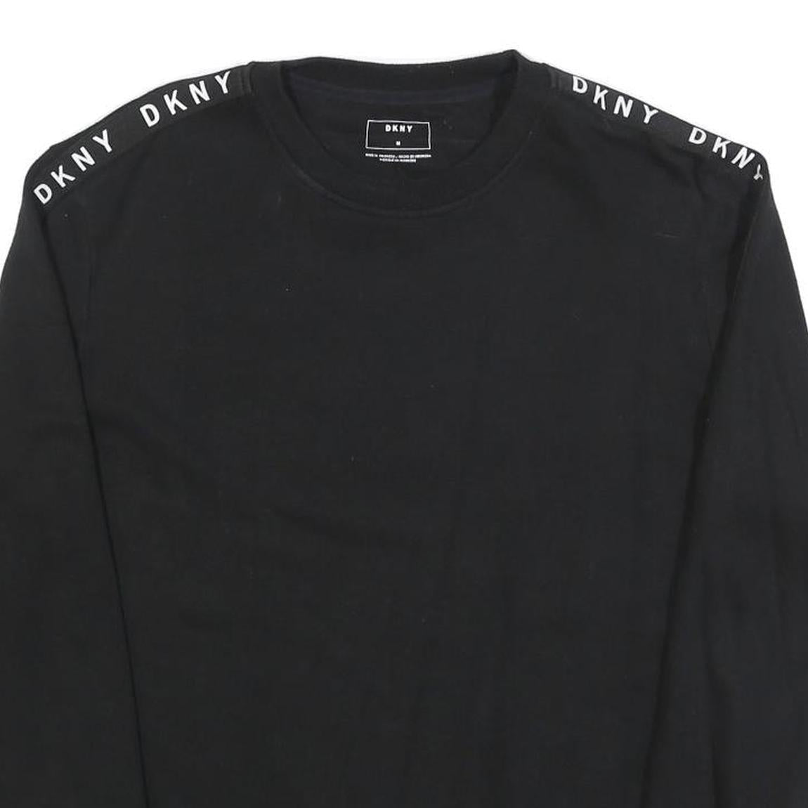 DKNY Womens Black Sweatshirt Crew Neck M Logo Tape Shoulder Stripe Casual