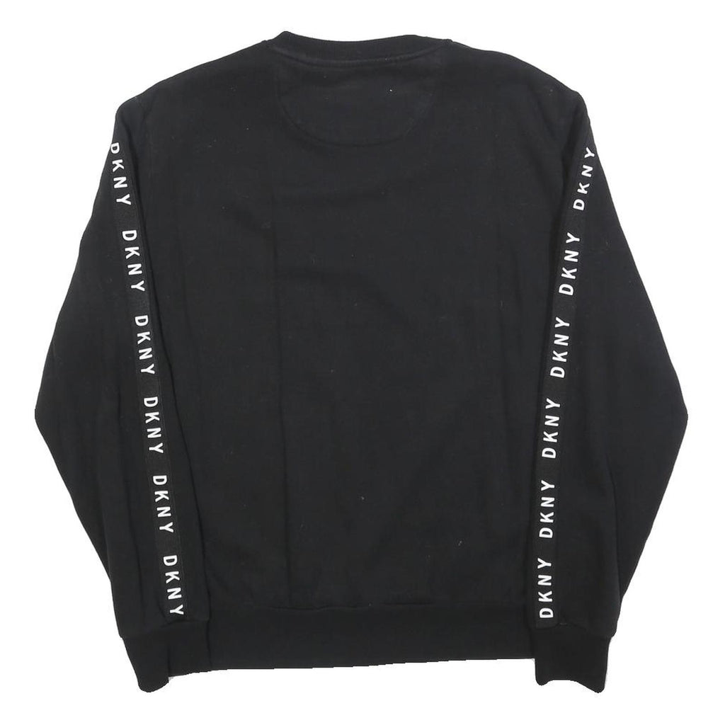 DKNY Womens Black Sweatshirt Crew Neck M Logo Tape Shoulder Stripe Casual