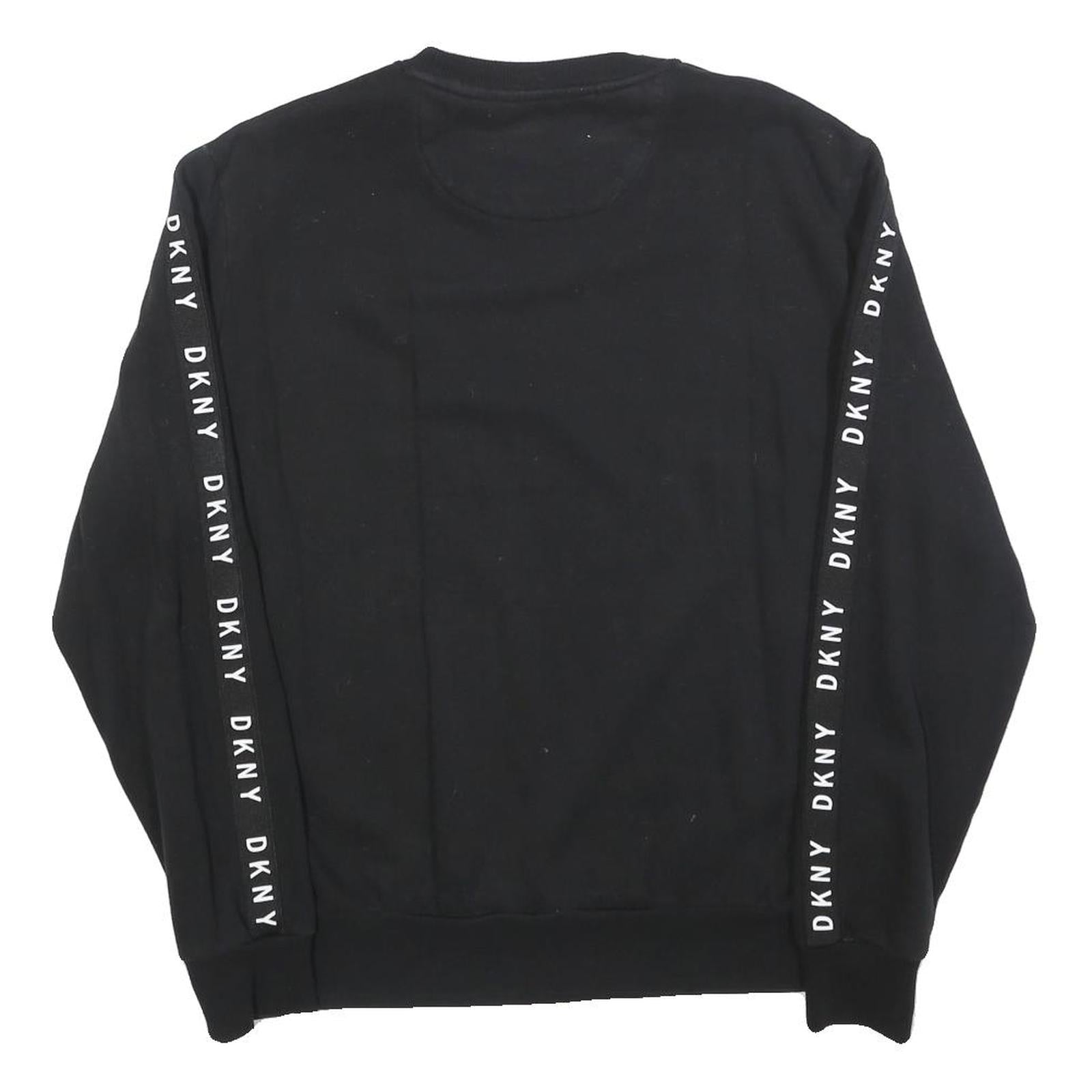DKNY Womens Black Sweatshirt Crew Neck M Logo Tape Shoulder Stripe Casual