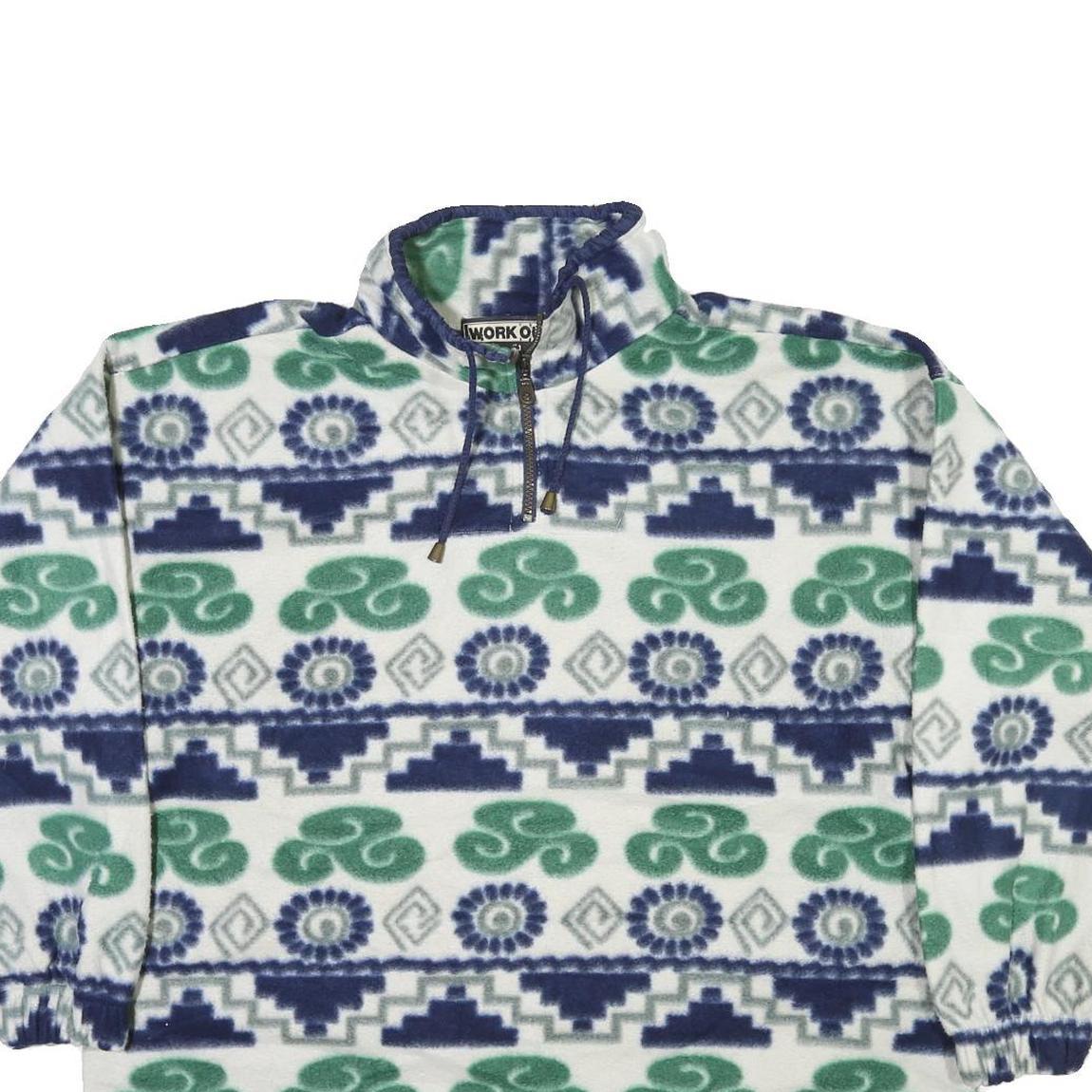 WORK OUT Womens White Blue & Green Patterned Jumper Pullover Crew Neck Knit XL