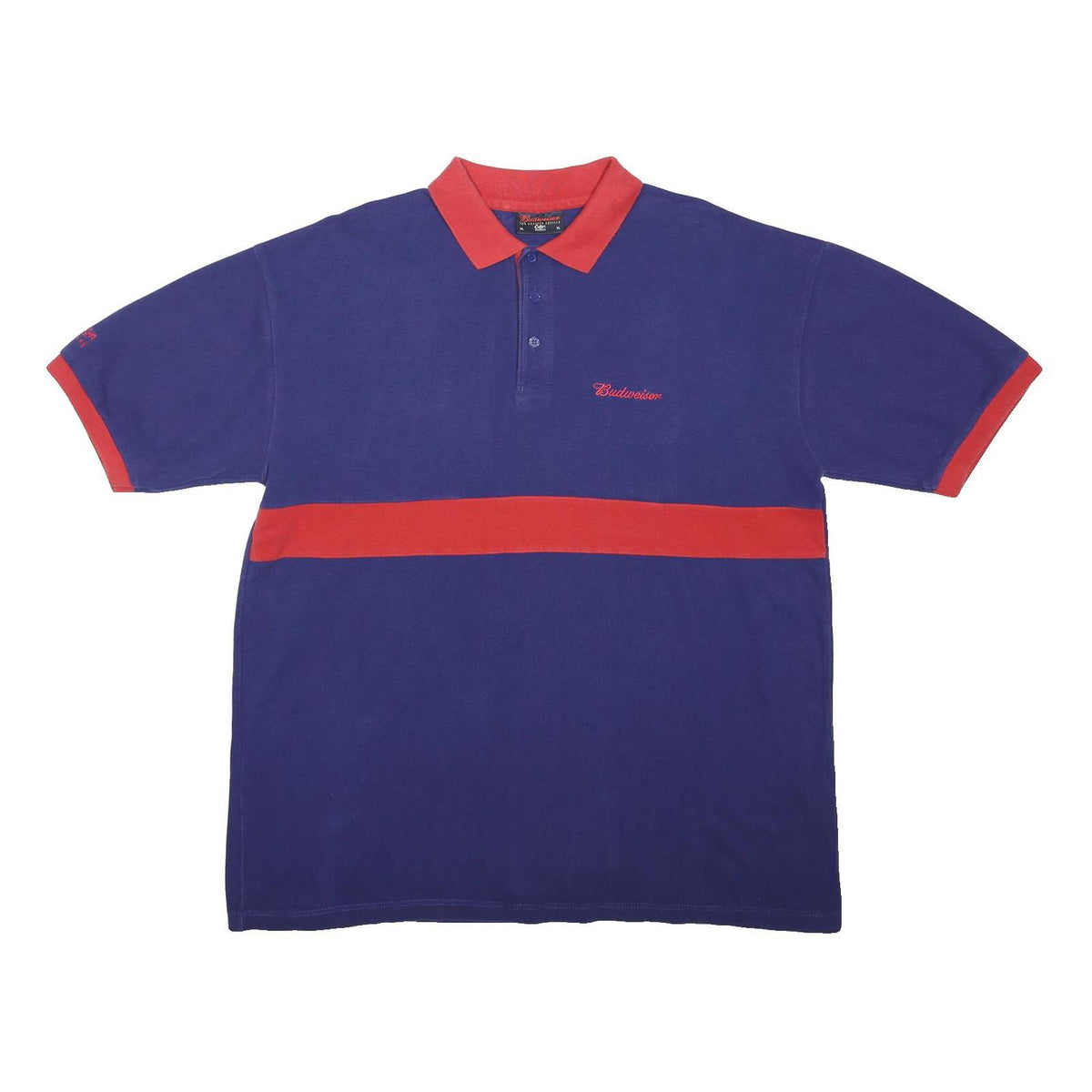BUDWEISER Mens Blue & Red Polo Shirt XL Cotton Blend Classic Embroidered Logo