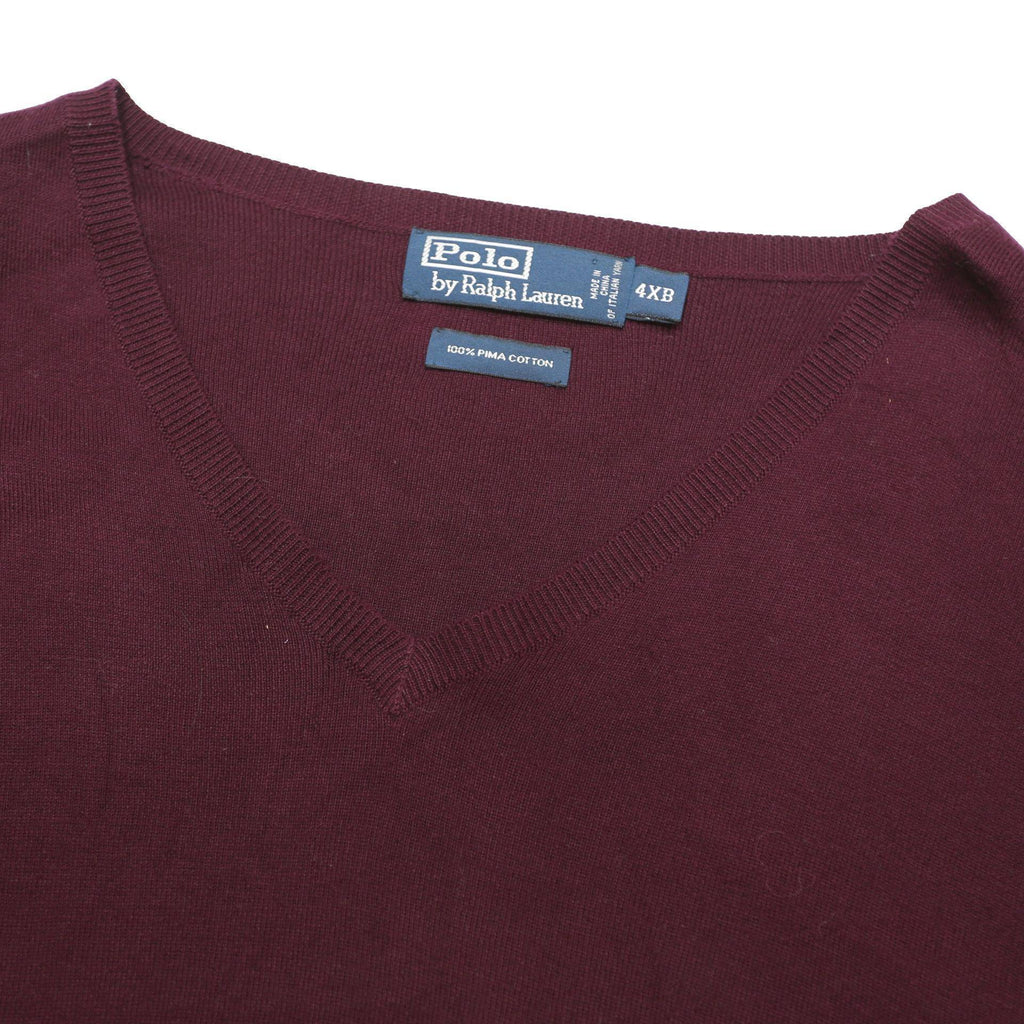 POLO RALPH LAUREN Mens Maroon Plain Jumper V-Neck Basic Knit 4XL Cotton Blend