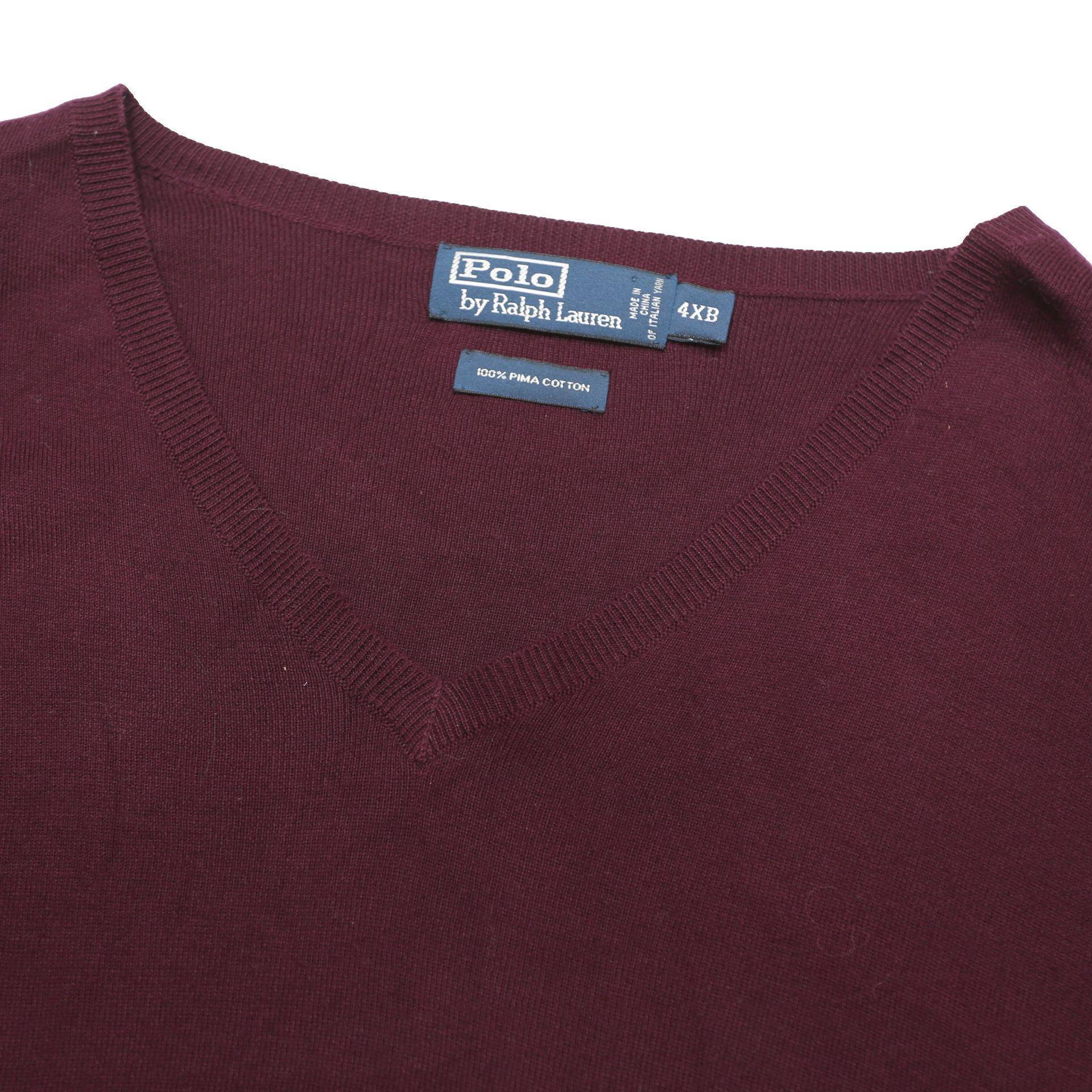 POLO RALPH LAUREN Mens Maroon Plain Jumper V-Neck Basic Knit 4XL Cotton Blend