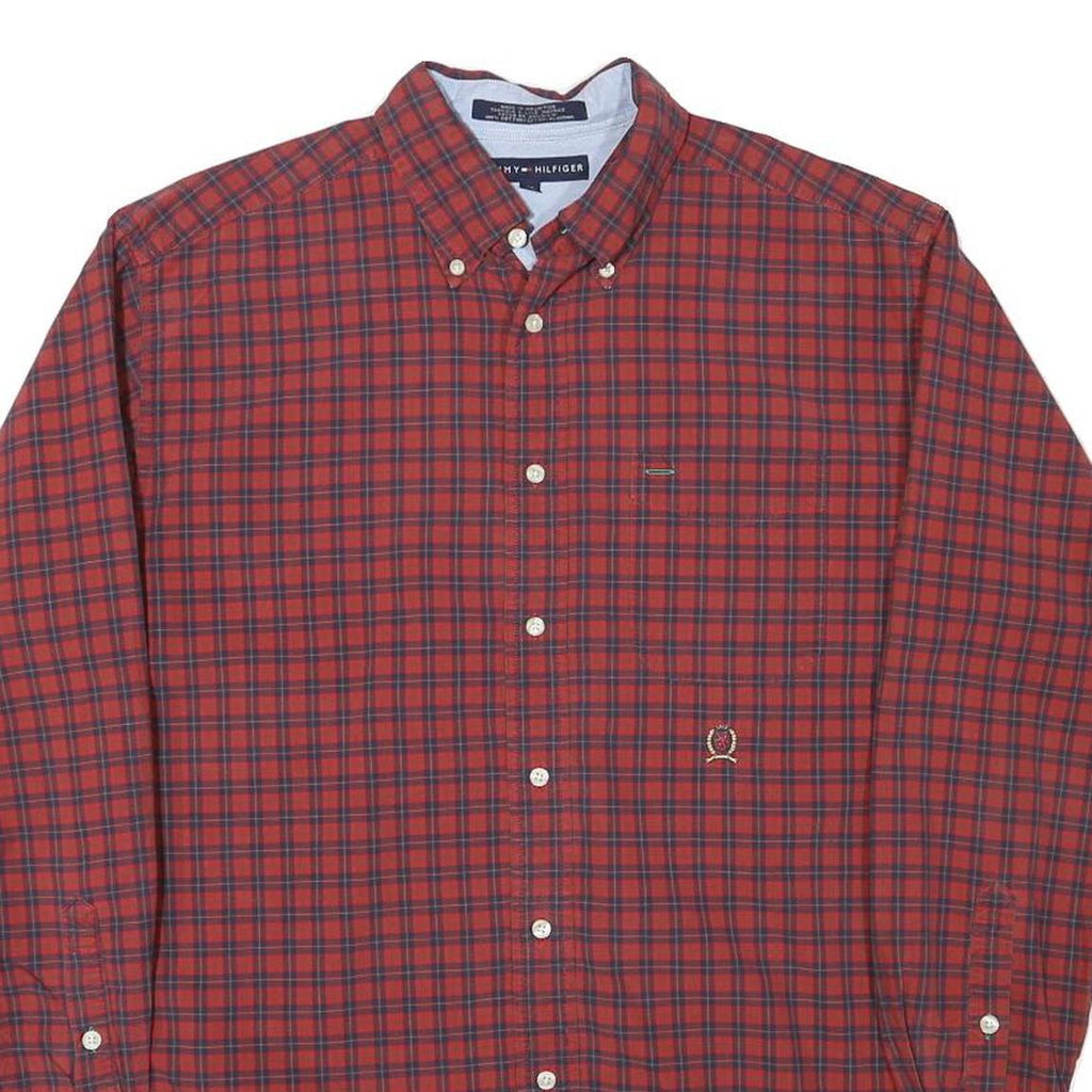 TOMMY HILFIGER Mens Red & Navy Check Shirt M Classic Fit Button-Down Collar Long