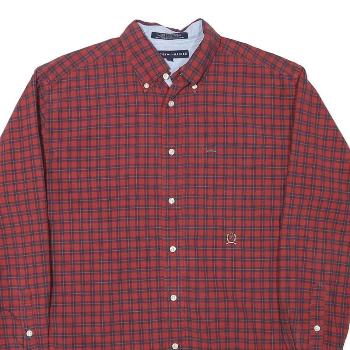 TOMMY HILFIGER Mens Red & Navy Check Shirt M Classic Fit Button-Down Collar Long