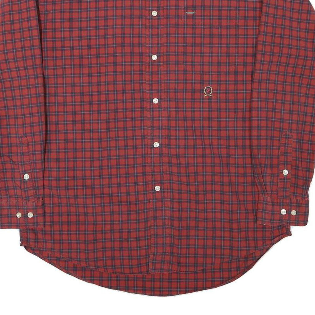 TOMMY HILFIGER Mens Red & Navy Check Shirt M Classic Fit Button-Down Collar Long