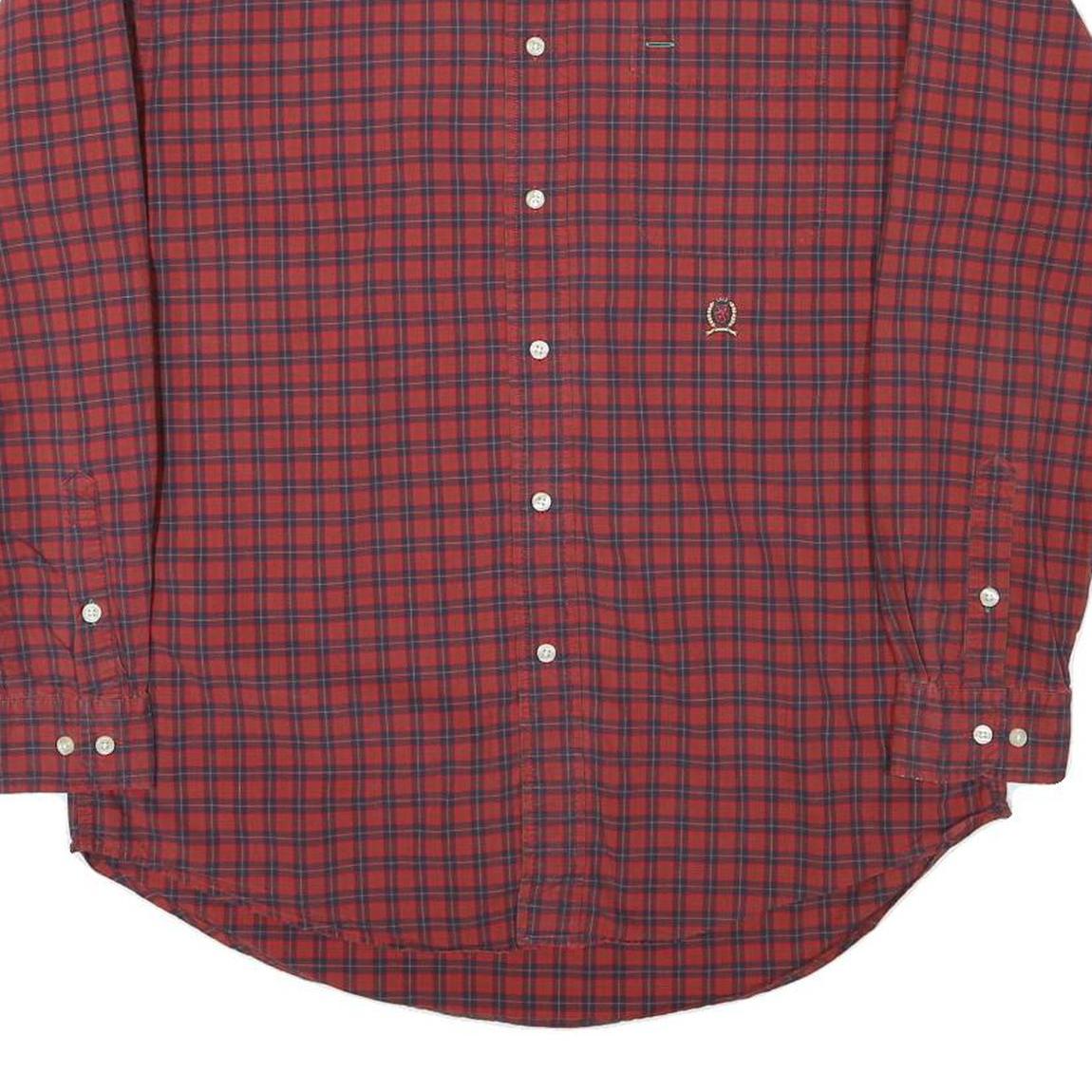 TOMMY HILFIGER Mens Red & Navy Check Shirt M Classic Fit Button-Down Collar Long