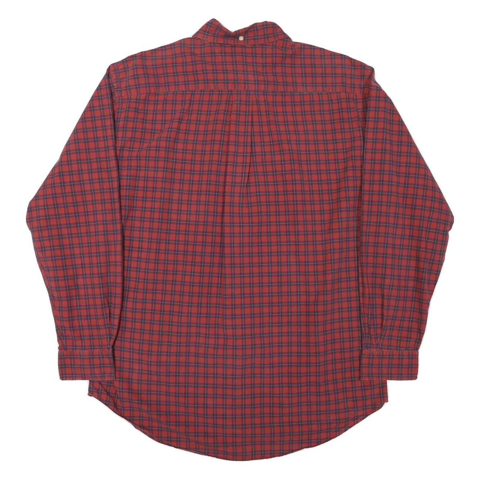 TOMMY HILFIGER Mens Red & Navy Check Shirt M Classic Fit Button-Down Collar Long