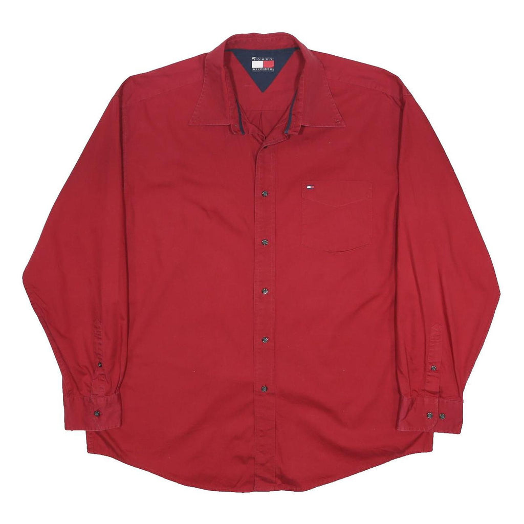 TOMMY HILFIGER Mens Red Shirt XL Classic Button Up Cotton Casual Long Sleeve