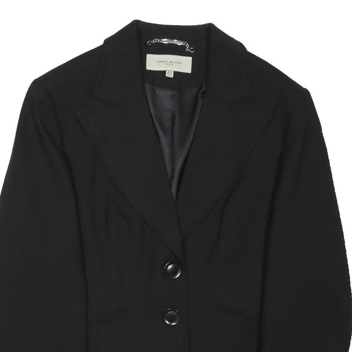 KAREN MILLEN Womens Black Wool Blend Blazer Jacket M Tailored Button Closure
