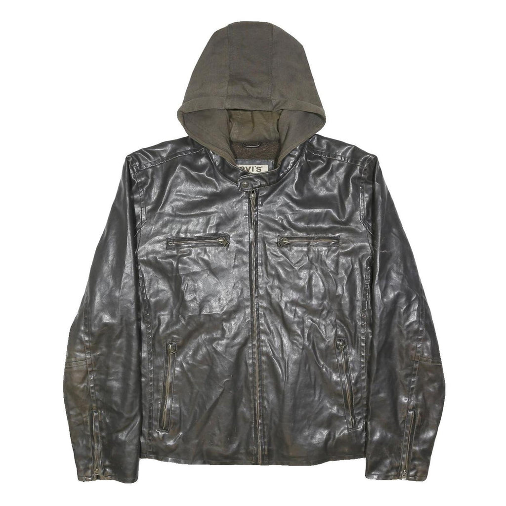 LEVI'S Mens Black Hooded PVC Jacket XL Zip Closure Lightweight Synthetic
