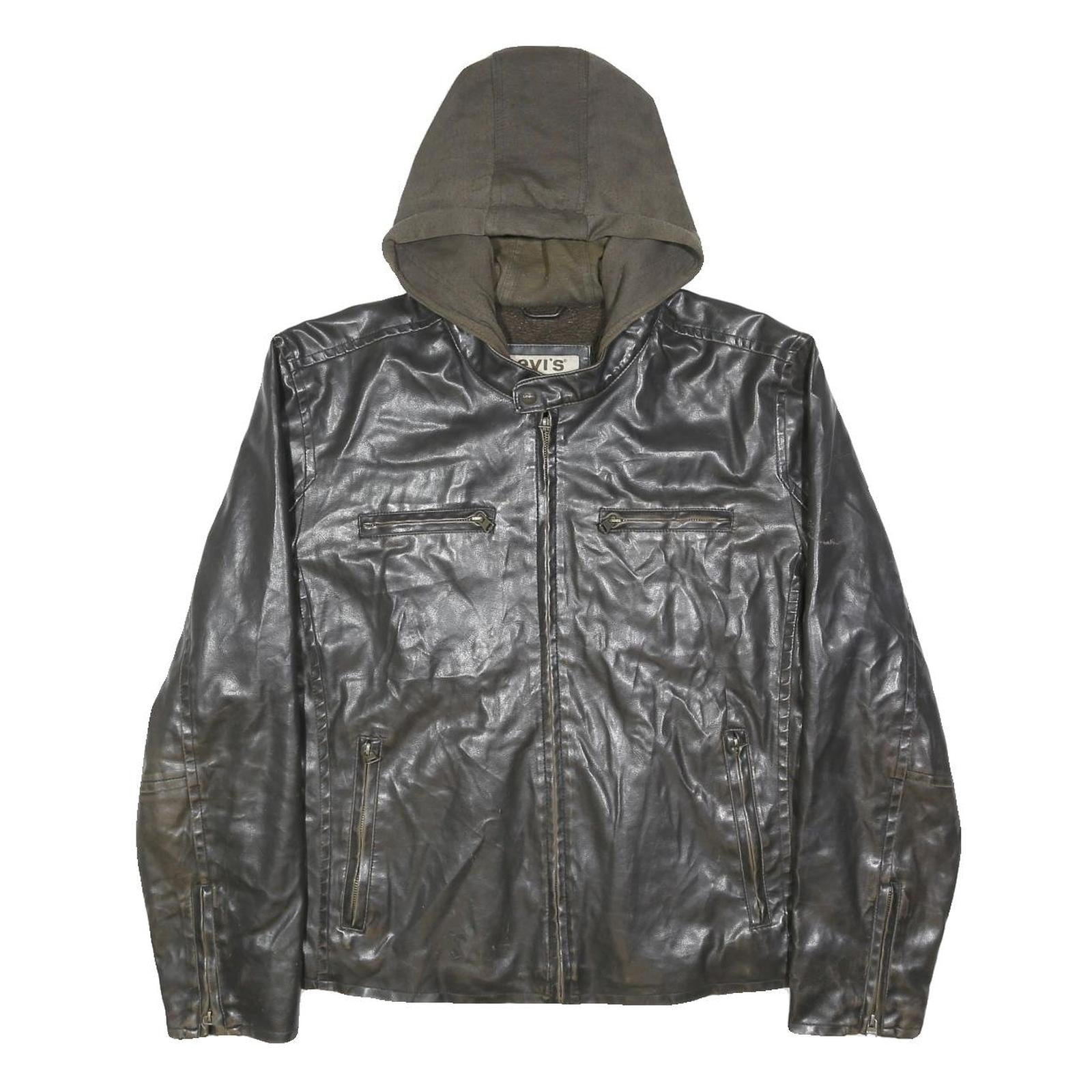 LEVI'S Mens Black Hooded PVC Jacket XL Zip Closure Lightweight Synthetic