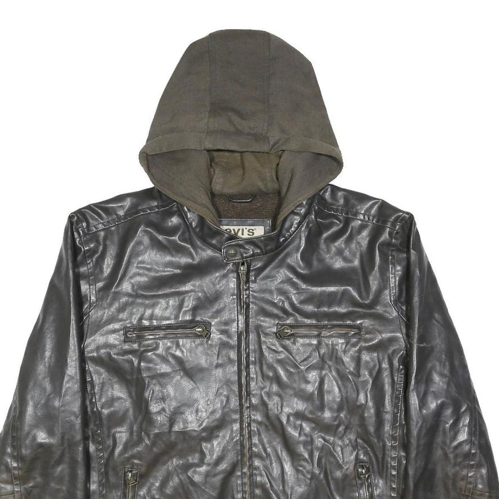 LEVI'S Mens Black Hooded PVC Jacket XL Zip Closure Lightweight Synthetic