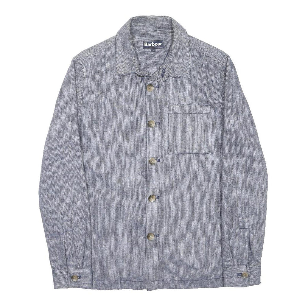 BARBOUR Mens Blue Grey Wool Blend Shirt S Herringbone Long Sleeve Button Pocket