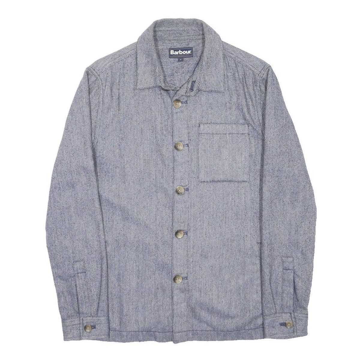 BARBOUR Mens Blue Grey Wool Blend Shirt S Herringbone Long Sleeve Button Pocket