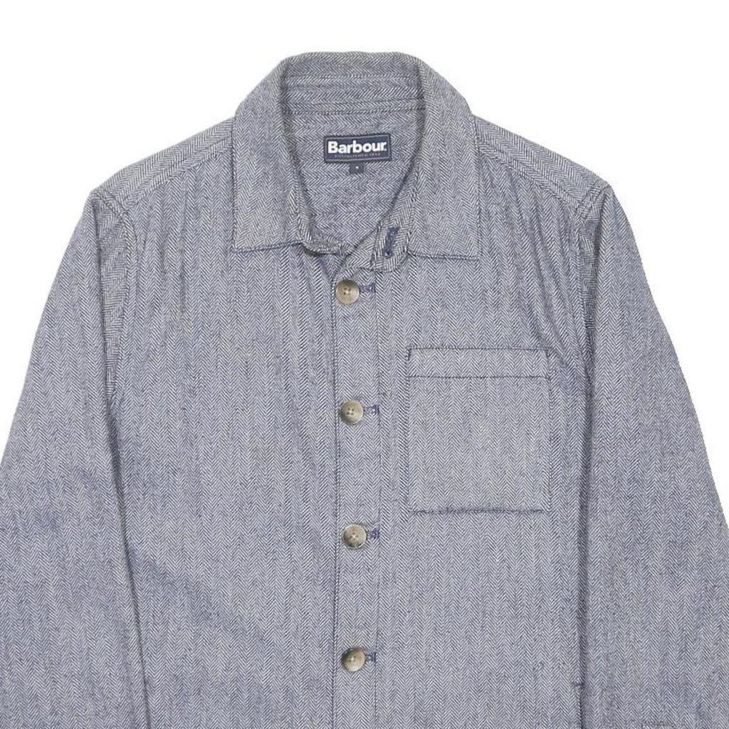 BARBOUR Mens Blue Grey Wool Blend Shirt S Herringbone Long Sleeve Button Pocket