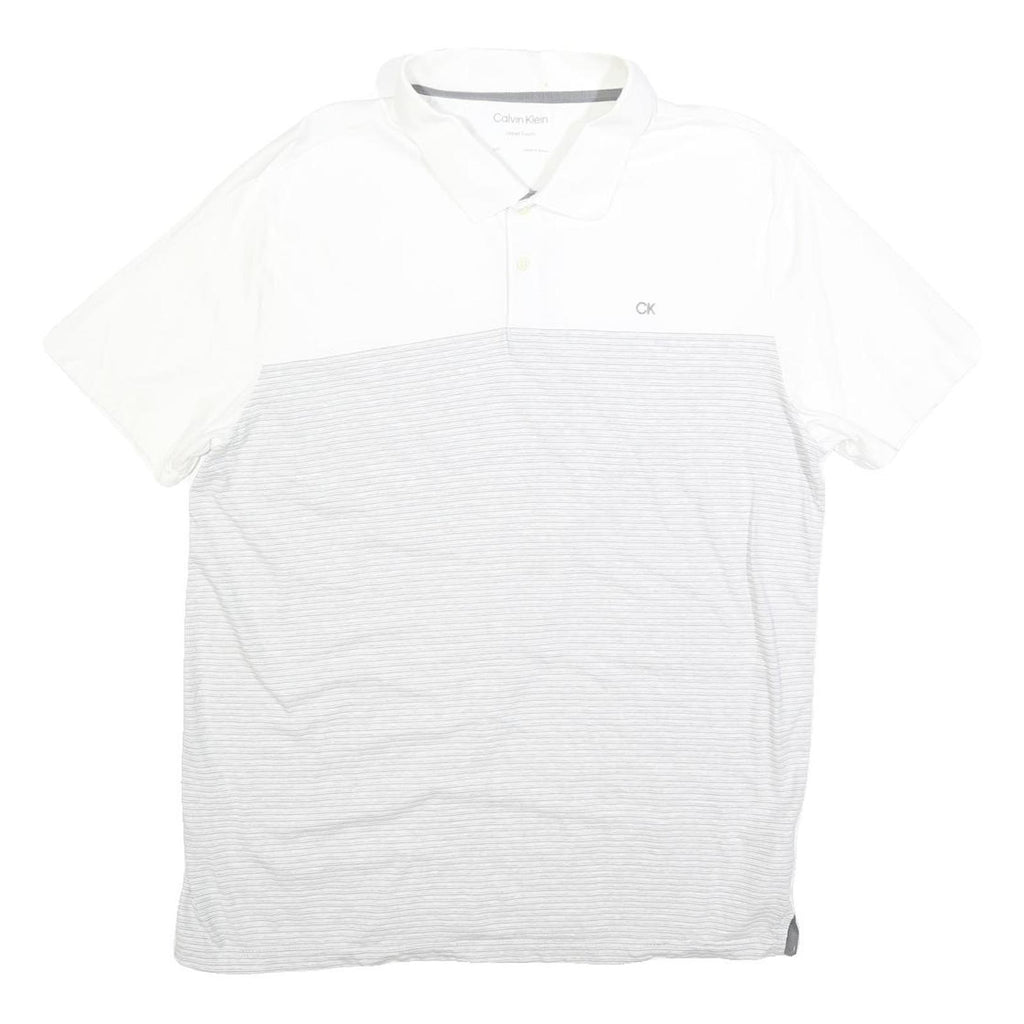 CALVIN KLEIN Mens White & Grey Striped Short Sleeve Polo Shirt L Casual Cotton