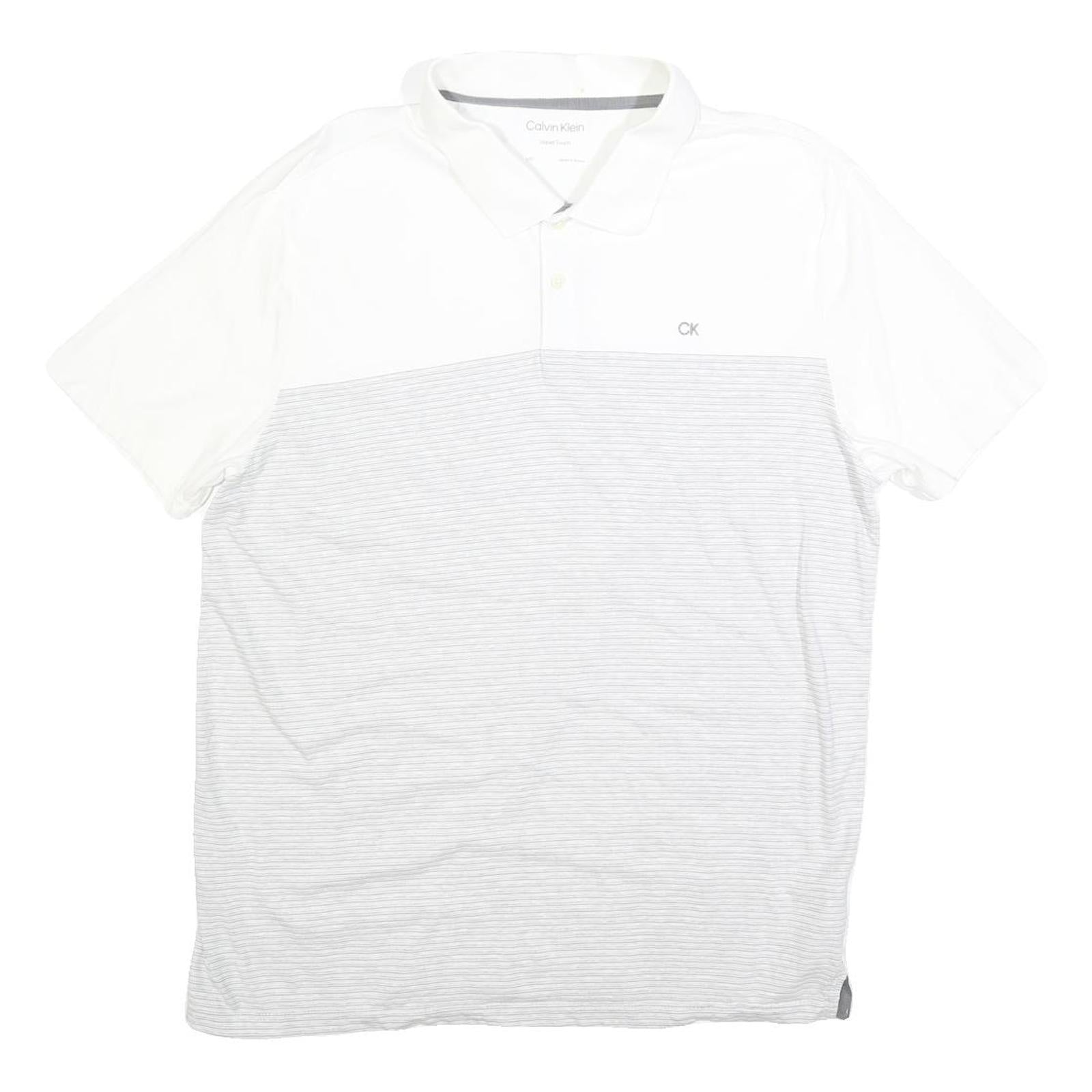 CALVIN KLEIN Mens White & Grey Striped Short Sleeve Polo Shirt L Casual Cotton