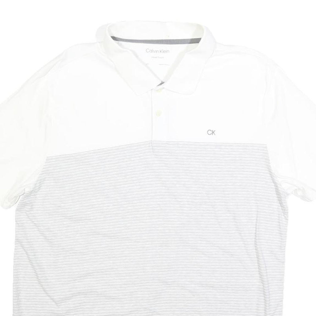 CALVIN KLEIN Mens White & Grey Striped Short Sleeve Polo Shirt L Casual Cotton