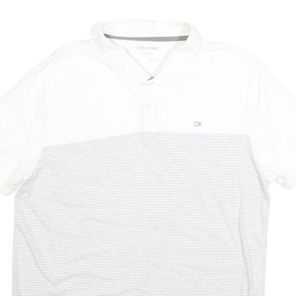 CALVIN KLEIN Mens White & Grey Striped Short Sleeve Polo Shirt L Casual Cotton