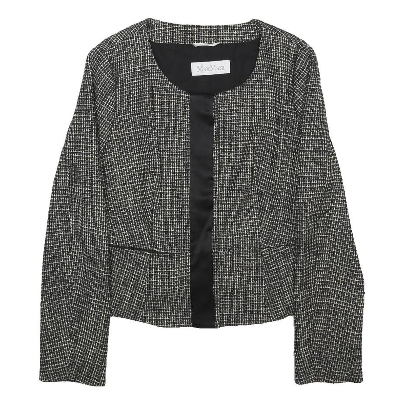 MAX MARA Womens Black & White Wool Blend Peplum Button Jacket UK 14 Tweed