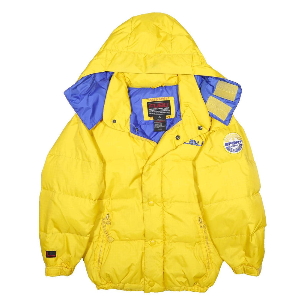 FUBU Womens Yellow Nylon Puffer Jacket M Zip Hooded Sport Patch