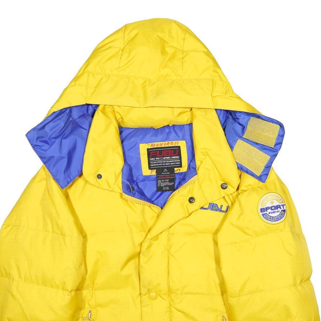 FUBU Womens Yellow Nylon Puffer Jacket M Zip Hooded Sport Patch